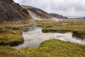 horké prameny, údolí, hory, tráva, Příroda, mraky, nebe, Island, krajina