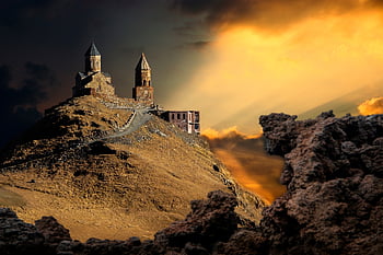 západ slunce, hora, hrad, slunce, mraky, Příroda, krajina