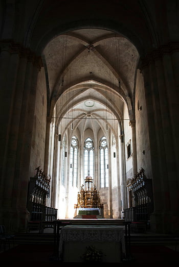 cattedrale gotica, interni bianchi e marroni, Altare intricato, archi alti, vetrate colorate, architettura religiosa, interno della chiesa, design medievale, spazio sacro, architettura spirituale, soffitto della cattedrale
