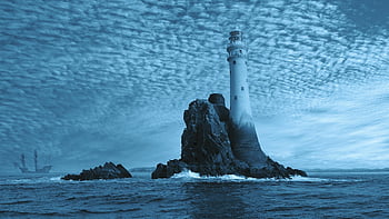 lighthouse, cliff, sea, tower, islet, nature, ocean, water, scenery, sky, atmospheric