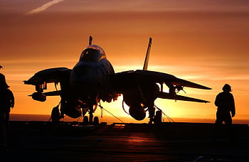 sunset, silhouette, person, plane, fighter jet, aircraft, military, runway, dusk, aviation, personnel