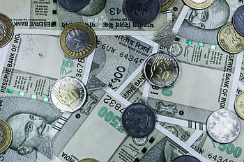rupia indiana, banconote, monete, temi finanziari, Reserve Bank of India, moneta, i soldi, vista dall'alto, Note di rupia, monete di rupia, valuta indiana