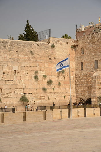 Western Wall, Old City, Jerusalem, Israeli flag, historic site, religious site, cultural site, stone wall, visitors, flagpole, trees