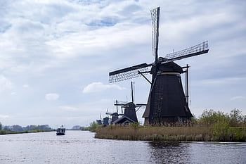kinderdijk, netherland, windmill, landscape, mills, water, nature, river, blue River