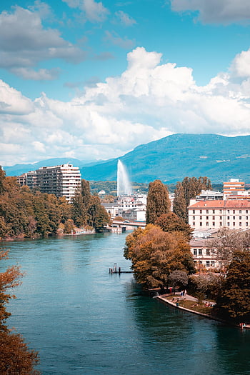 řeka, jezero, straně řeky, spojení, jezerní čtvrti, město, hory, Příroda, švýcarsko, krajina