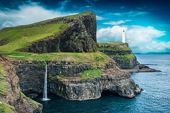 panorama, mar, falésias, querida, farol, nuvens, cascata, natureza, fantasia