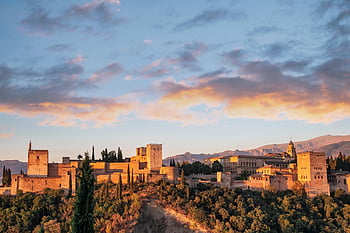 granada, sunset, architecture, landscape, alhambra, nature, mountains, town, palace, fortress