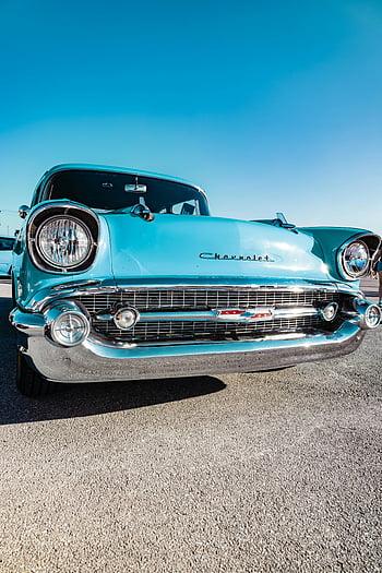 Chevrolet Bel Air z roku 1957, Historické auto, Modrý Chevrolet, West Palm Beach, klasické auto, na prodej, jasné denní světlo, čelní pohled, chromová mřížka, Prodej aut, vinobraní automobil