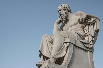 Sculpture, Thinking Socrates, Stone statue, philosopher Socrates, thoughtful pose, Athens, Greece, clear blue sky, ancient philosopher, marble statue, classical sculpture
