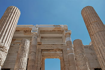 古代ギリシャの柱、 アテネ、 青空、 ローアングルビュー、 石柱、 寺院、 晴天、 古代建築、 ギリシャ建築、 史跡、 アクロポリス