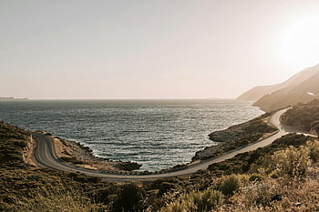 letecký pohled, pobřežní silnici, antalya, krocan, klikatá cesta, klidný západ slunce, výhled na moře, krajinářské fotografie, cíl cesty, přírodní scenérie, západ slunce