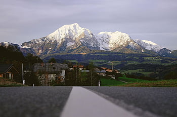 hory, silnice, město, sníh, domy, zasněžené, chodník, budov, vesnice, Příroda, zasněžené hory
