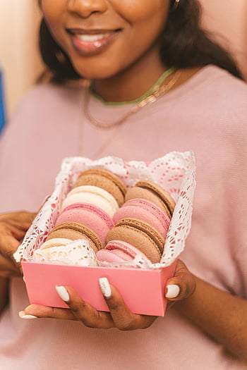 woman, holding, pink box, assorted macarons, colorful macarons, close-up, delicious pastry, pastry art, macarons