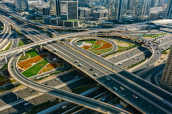 letecké snímkování, Jedoucí auta, Urban Highway, městské budovy, mrakodrapy, moderní architektura, rušný provoz, Výměna dálnic, letecký pohled, městské krajiny, panoráma města