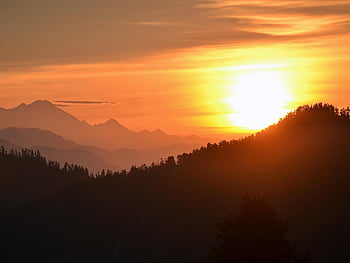 západ slunce, hory, siluety, pohoří, hornatý, slunce, soumrak, oranžové nebe, Nepál, himalayan, annapurna