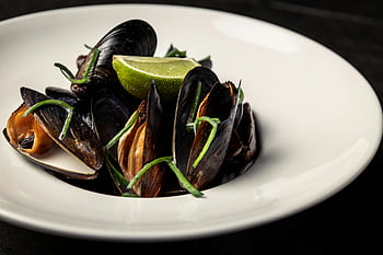 seafood mussels, lime, gourmet dining, plated food, delicious mussels, white plate, gourmet experience, seafood dish, lime garnish, mussels with lime, gourmet seafood