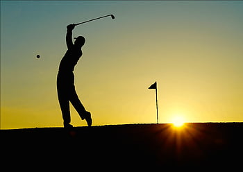 sunset golf, silhouette golfer, golf swing, sunrise golf, golf course, golf flag, sports photography, outdoor sports, golf player, golf action, sunset silhouette
