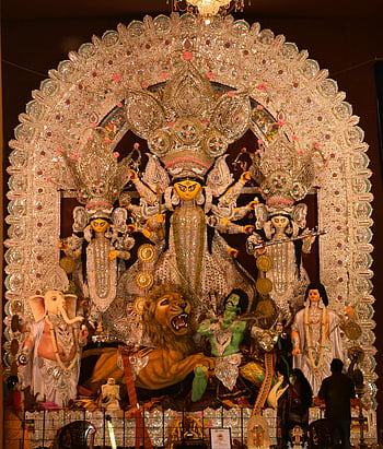 เทพธิดา Durga, เทศกาล Durga Puja, โกลกาตา, อินเดีย, แท่นบูชาตกแต่งอย่างสวยงาม, รูปเทพธิดา, durga puja, เฉลิมฉลองเทศกาล, เทศกาลอินเดียดั้งเดิม, กิจกรรมทางวัฒนธรรม, เทศกาลศาสนา
