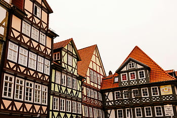 half-timbered houses, Hann. Münden, traditional architecture, red roofs, charming houses, Germany, European architecture, timber framing, historic buildings, picturesque town, medieval style