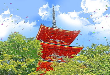 ilustrace styl, Japonsko, osaka, kyoto, město, modrá obloha, chrám, svatyně