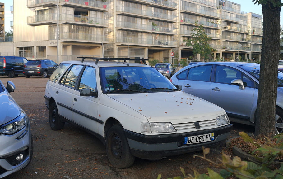 Peugeot, 405, Break, car, parked, station wagon, vehicle, outdoors, street, building, trees