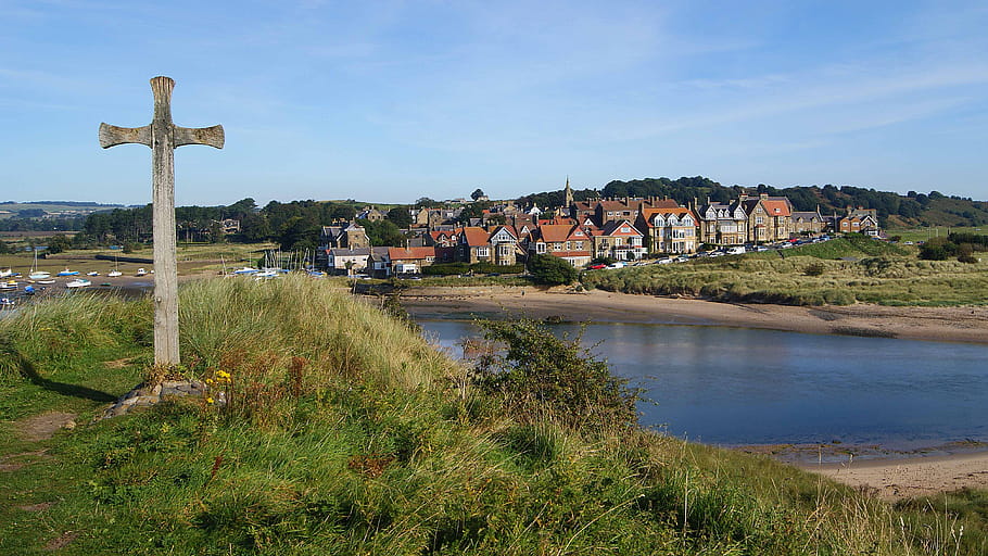 Church, Hill, Cross, Alnmouth, estuary, river, Aln, Northumberland, England, seaside