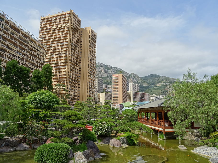monako, japonská zahrada, hdr, Palác Columbia, Avenue Princess Grace, Larvotto, Fórum Grimaldi, Kongresové centrum, městského parku, vysoké budovy, zeleň