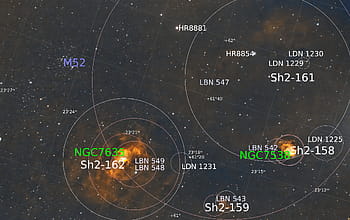 M52, Bubble Nebula, annotated image, NGC 7635, Sh2-162, Sh2-158, Sh2-159, Sh2-161, LBN 547, LBN 542, LBN 543