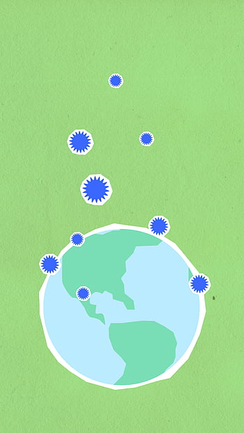 Earth, viruses, green background, creative illustration, paper composition, globe, surrounding viruses, blue viruses, planet, artistic design, environmental art