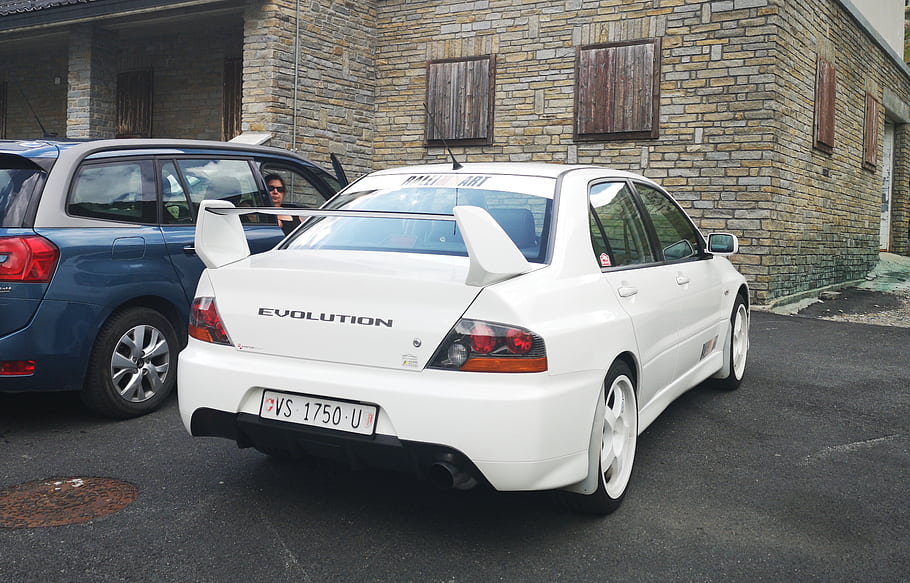 Mitsubishi, Lancer, Evo, IX, Evolution, white, car, rear, view, parked, street