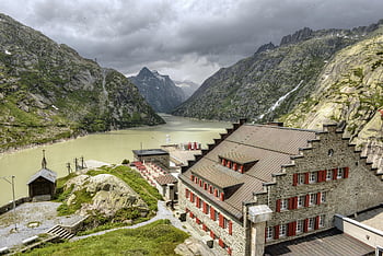 bergen, meer, Grimsel, hotel, gebouw, Grimsel Pass, Grimselsee, reservoir, natuur, bergketen, landschap