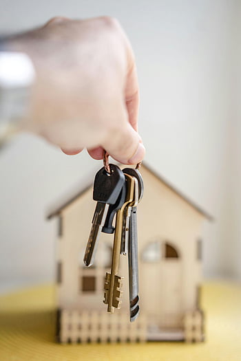 real estate, keys, miniature house, investment, close-up, hand holding keys, wooden house, property, home ownership, real estate symbol, house keys