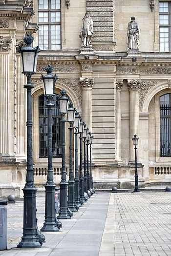 perspective, paris, france, historic Site, lampposts, courtyard Of The Louvre, monument