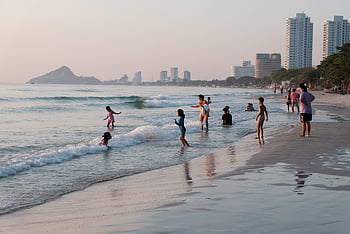 beach, people, city, coast, seashore, sand, seaside, resort, sea, ocean, wave