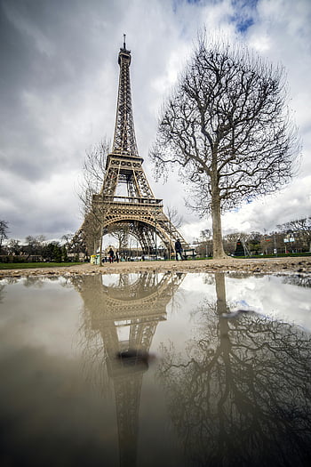 Eiffel Tower, spring trees, cloudy sky, puddles, reflection, Paris, majestic view, cloudy skies, Eiffel Tower reflection, puddle reflection, Paris landmarks