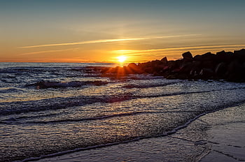sunset, beach, coast, breakwater, boulders, silhouette, riverbank, sun, ocean, waves, north Sea