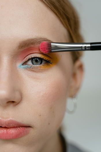 žena, použití, Růžové oční stíny, kartáč, Podrobný detail, Vibrující oční stíny, makeup, krása, oční make-up, kosmetika, štětec na makeup
