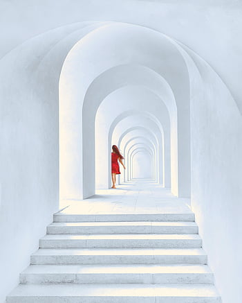 žena v červených šatech, Bílé oblouky, vedení, architektonická fotografie, minimalistickou architekturu, kontrastní fotografie, bílá budova, červené šaty, žena chůze, architektonický design, bílý tunel