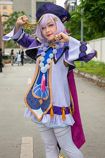 cosplay, Qiqi, Genshin Impact, detailed costume, outdoor pose, purple hat, white wig, pearl necklace, tassels, cosplay event, character portrayal
