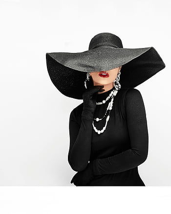 woman in black, black outfit, wide-brimmed hat, luxurious accessories, stylish woman, black hat, black clothes, elegant fashion, pearl necklace, black gloves, red lipstick