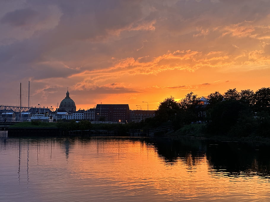sunset, sky, water, city, landscape, sun, sea, river, evening, travel, building