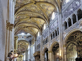Itálie, parma, ecathédrale, nave, arkády, strop, katedrála Santa Maria Assunta, sloupců, příběh, architektura, památník