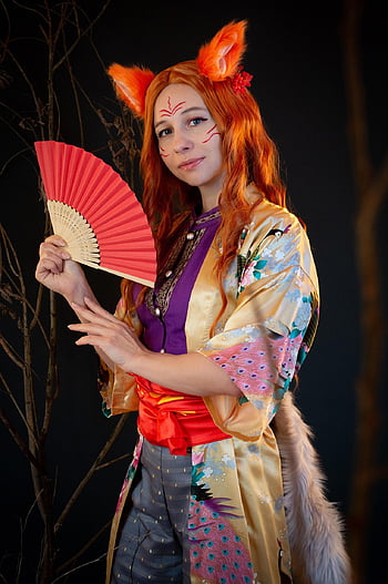 kitsune, Cosplay, Frau, ein Fuchs, Rote Haare, Mädchen, Ventilator, Regenschirm, Cosplayer, Anime, Fuchsohren