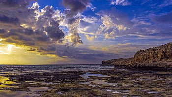 skalnaté pobřeží, moře, pláž, západ slunce, nebe, mraky, horizont, odpoledne, ayia napa, Příroda, Kypr