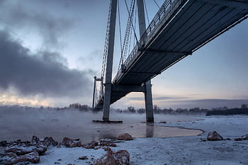 řeka, zimní, yenisei, Příroda, sníh, mráz, mlha, ráno, park, město, voda
