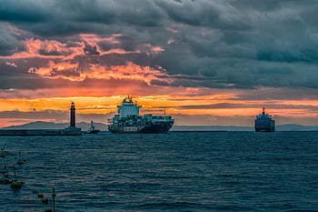 krajina, moře, večer, loď, nákladní loď, kontejner, osaka bay, Osaka port, Příjezd do přístavu, pilotní člun, Lodní doprava