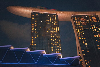 sabbie della baia del porticciolo, Singapore, vista notturna, illuminato, Hotel di lusso, skyline della città, architettura moderna, destinazione del viaggio, skyline urbano, famoso punto di riferimento, paesaggio urbano vibrante
