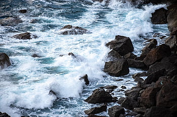 sea, stones, nature, water, coast, bay, ocean, waves, rocks