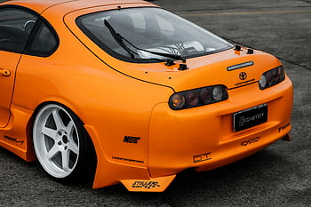 toyota supra, přizpůsobené, oranžový, sportovní auto, zpětný pohled, betonový povrch, naladěn, nos, ric, Roadboy, stillen