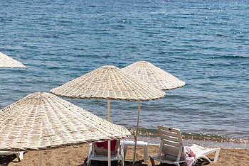 ombrello, lettini, spiaggia, oceano, mare, costa, vacanza, tropicale, viaggio, rilassamento, turismo